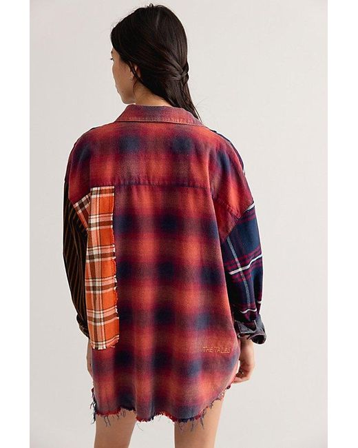 THE TALES Red Reworked Pierced Flannel Button Down