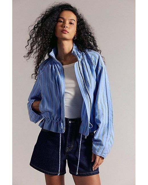 Free People Blue Devon Striped Balloon Funnel-Neck Jacket