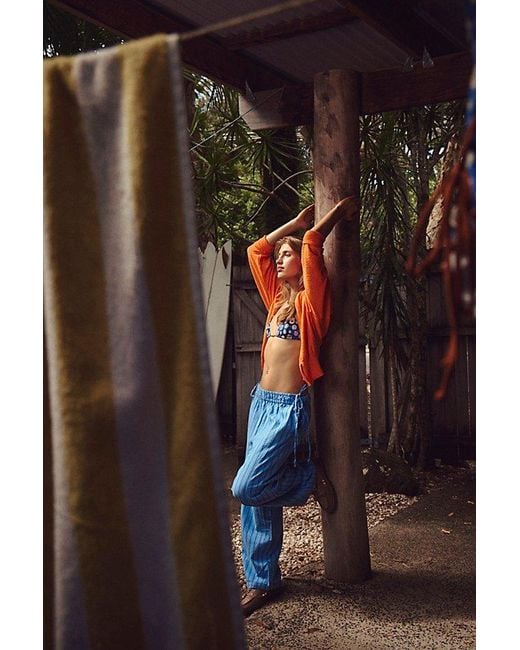 free-est Blue Sun Dazed Cotton-Linen Striped Pants By
