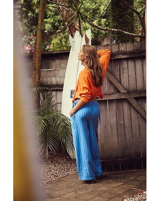 free-est Blue Sun Dazed Cotton-Linen Striped Pants By