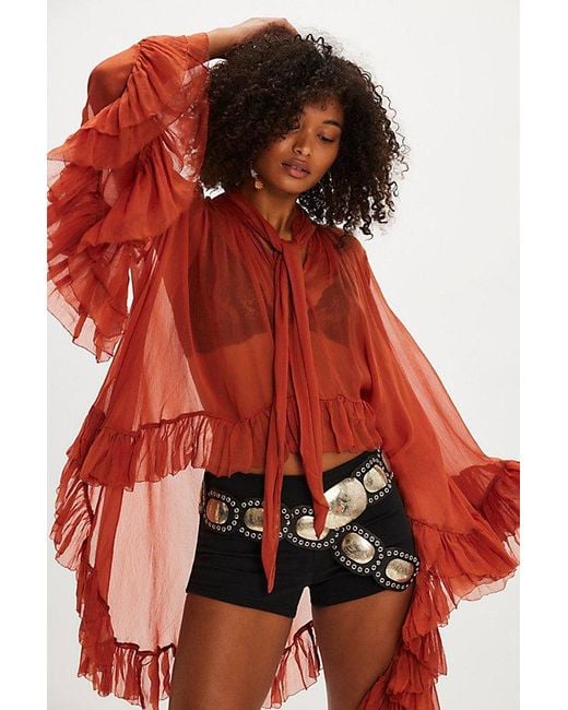 Free People Red Full Sleeve Frill Top