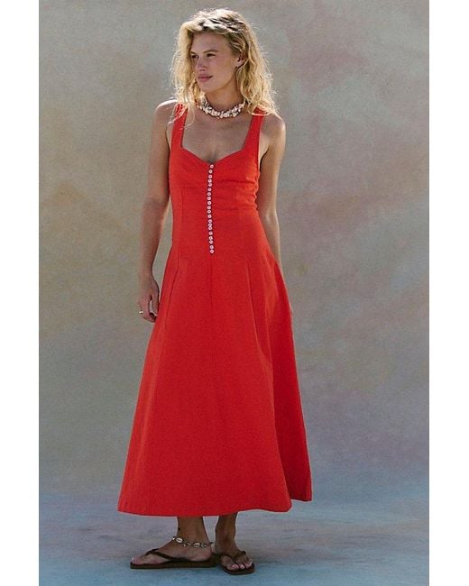 free-est Red Holland Stretch Linen Midi Dress By