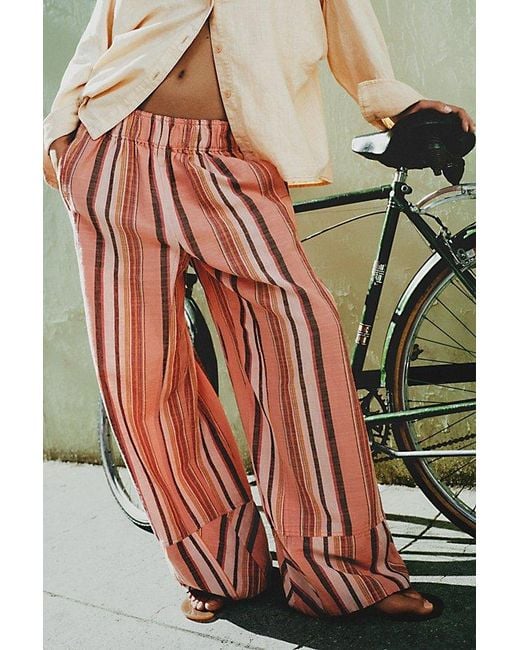 Free People Red Day's End Linen Striped Pull-On Pants