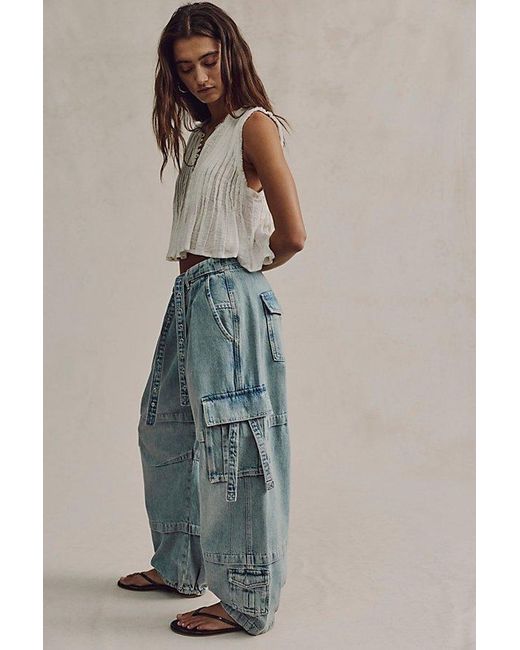 Free People Blue Reef Curved Cargo Jeans