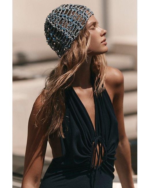 Free People Gray Mila Sequin Disco Crochet Skull Cap