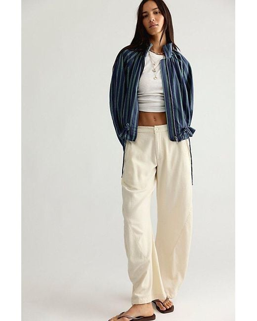 Free People Blue Devon Striped Balloon Funnel-Neck Jacket