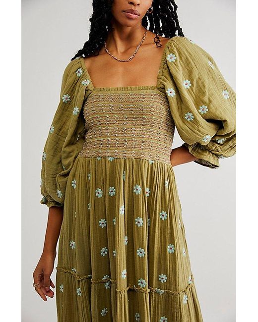 Free People Green Dahlia Embroidered Maxi Dress At In Mosstone Combo, Size: Xs