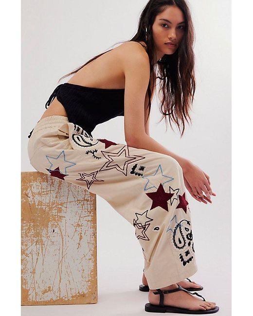 Free People Natural Aria Embroidered Pull-On Pants