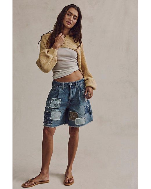 Free People Blue Reese Patched Workwear Shorts By
