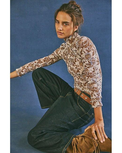 Free People Blue Lyric Sheer Lace Long Sleeve Turtleneck Top