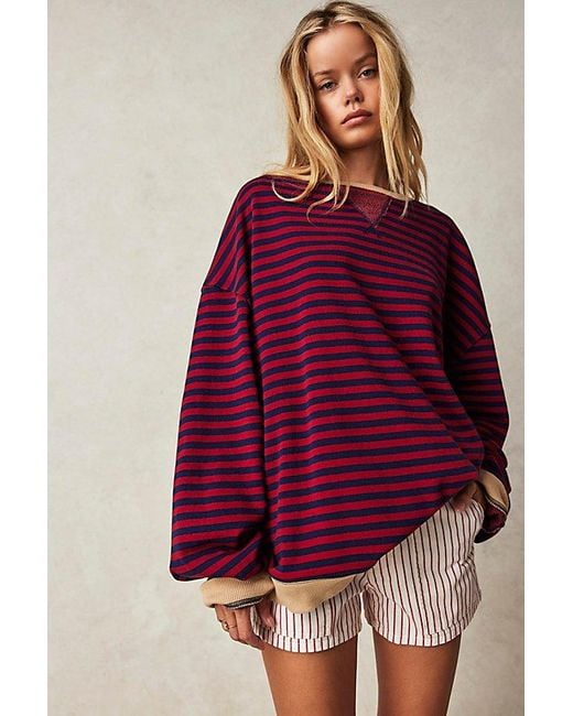 Free People Red Classic Striped Oversized Crewneck At In Nautical Combo, Size: Large