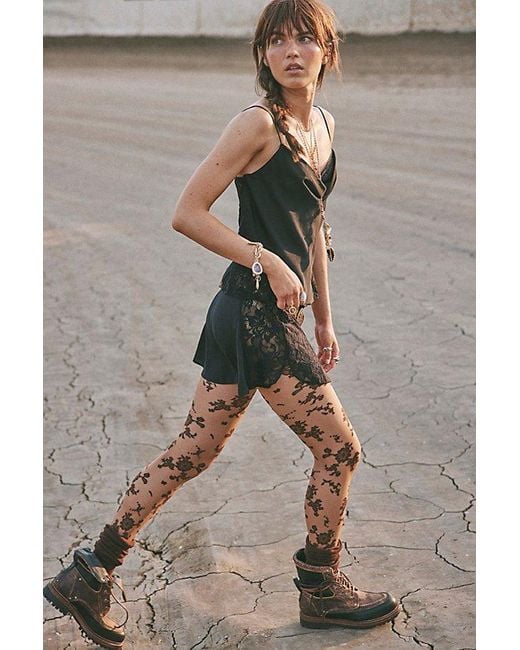 Free People Brown Flocked Floral Tights