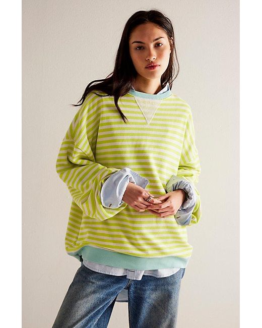 Free People Yellow Classic Striped Oversized Crewneck At In Lime Combo, Size: Large