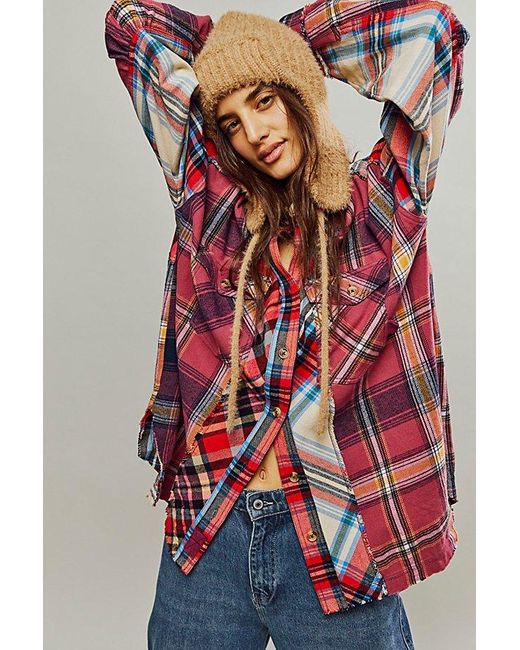 Free People Blue We The Free Patched Up Plaid Shirt