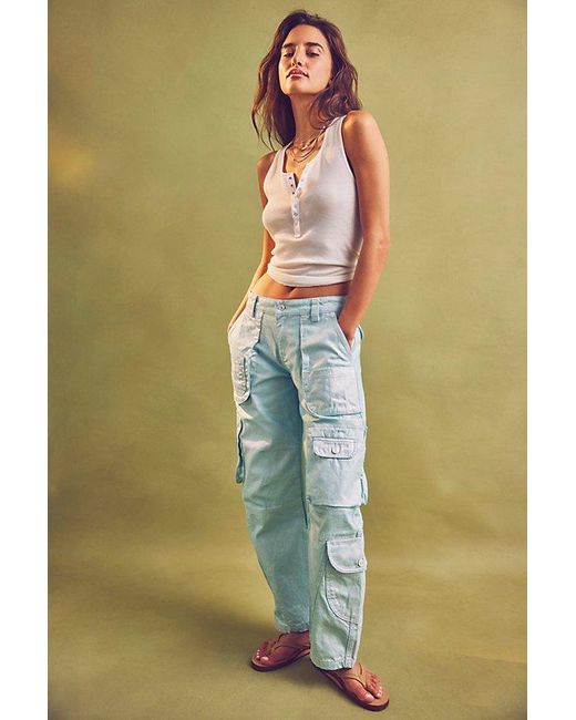 Free People Green Lap Of Luxury Barrel Cargo Jeans At Free People In Aquamarine, Size: 27