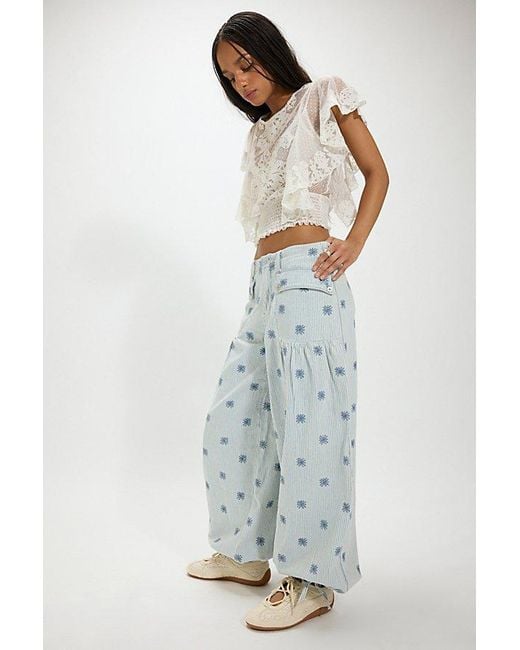 Free People Blue Lotus Embroidered Railroad Balloon Jeans