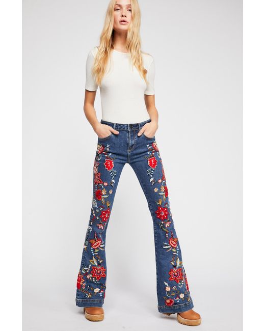 Free People Driftwood Farrah All Embroidered Flare Jeans in Blue | Lyst