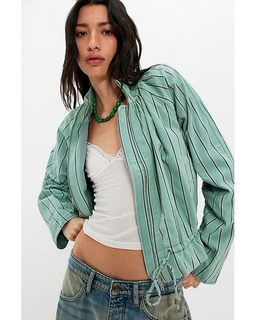 Free People Green Devon Striped Balloon Funnel-Neck Jacket