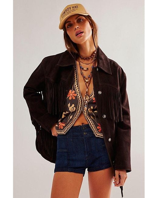 Free People Black Fringe Out Suede Jacket At Free People In Hot Chocolate, Size: Xs