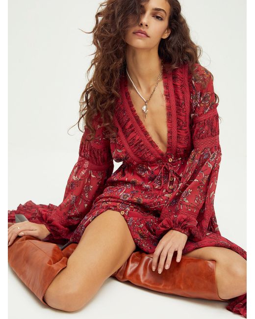 Free People Cassis Printed Chiffon Dress in Red | Lyst