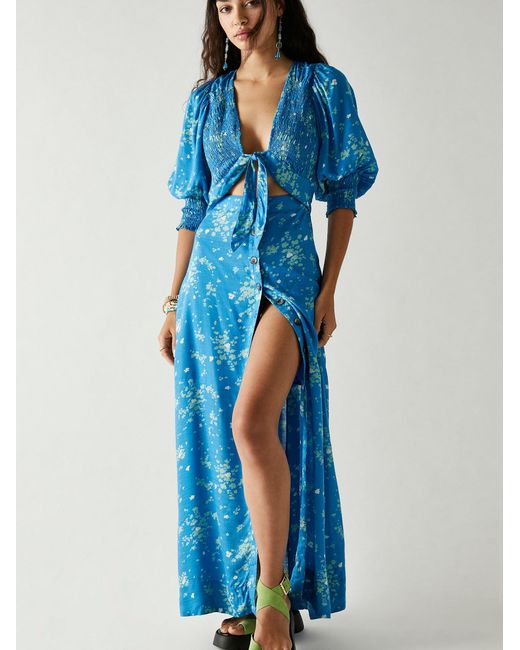 Free People String Of Hearts Printed Maxi Dress in Midnight Blue (Blue