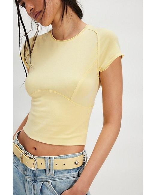 Free People Yellow Protagonist Cropped Cap Sleeve Tee