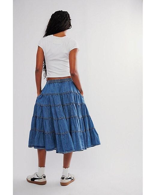 Free People Blue In Full Swing Chambray Midi Skirt