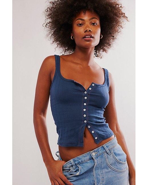 Intimately By Free People End Game Pointelle Tank Top in Blue