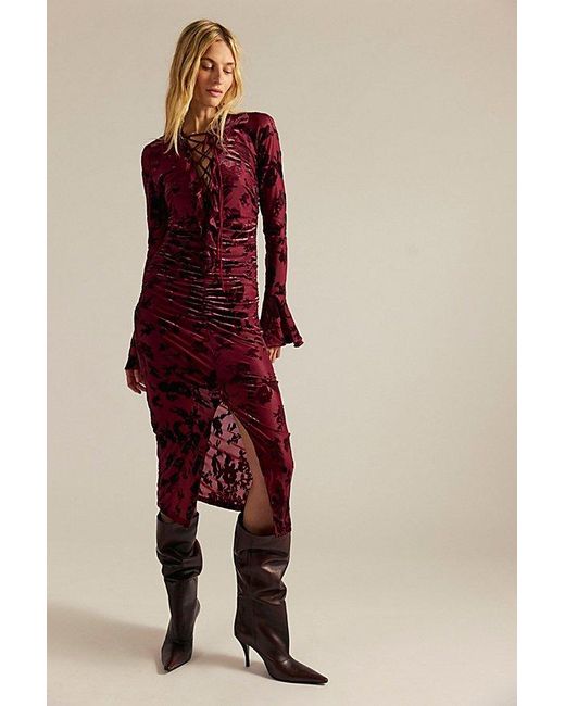 Saemdi Red Flocked Mesh Midi Dress