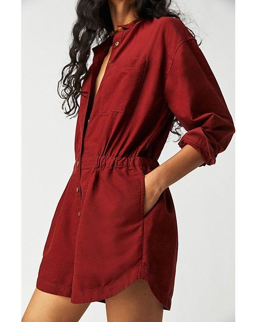Free People Red Oxford Romper At In Russet Acorn, Size: Small