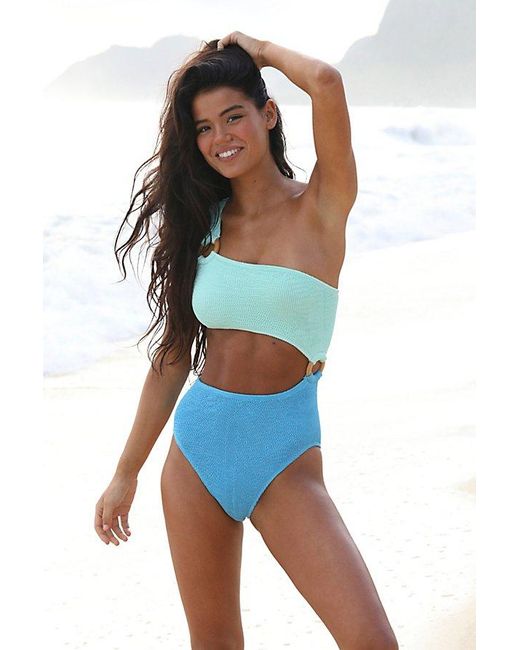 Cleonie Swim Blue Shell Maillot Smocked One-Piece Swimsuit By