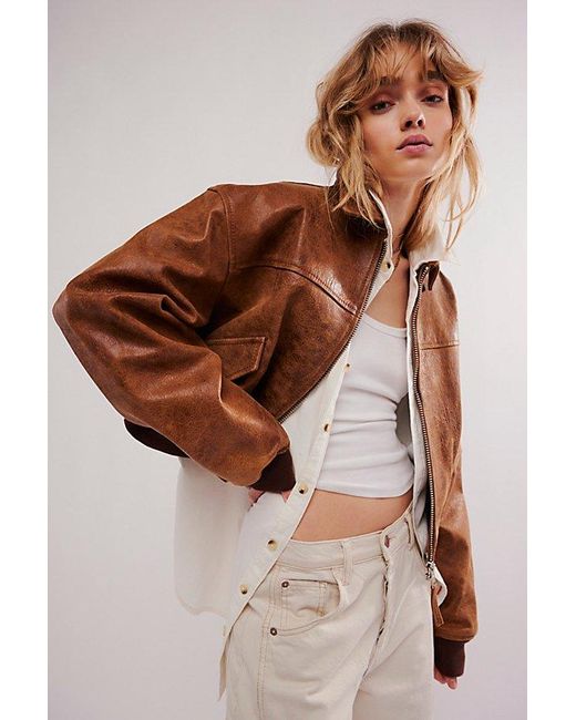 Free People Brown Rocky Leather Bomber Jacket