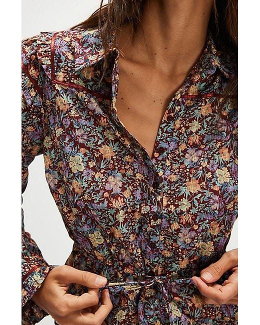 Free People Brown Printed Cotton Tie-Front Blouse