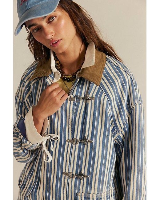 Free People Green Striped Denim Barn Coat Jacket