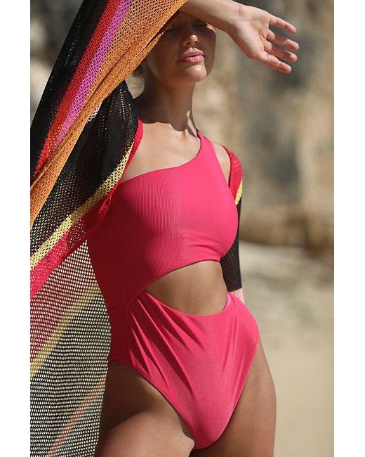 Beach Riot Red Celine Ribbed One-piece At Free People In Dragonfruit, Size: Xs
