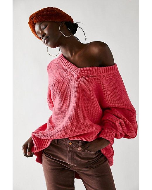 Free People Red Alli V-neck Sweater At In Strawberry Spritz, Size: Xs