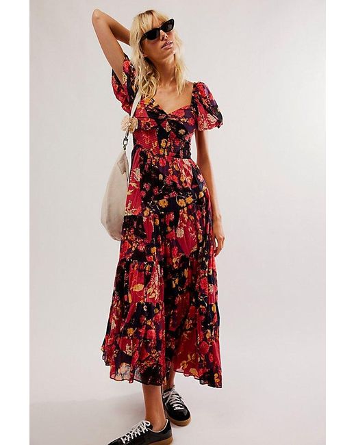 Free People Sundrenched Short-sleeve Maxi Dress At In Dark Red Combo, Size: Xs