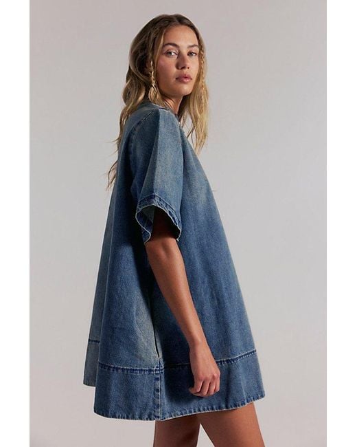 free people harlow mini dress SIDEWALK SALE ITEM - FP this mini is featured in a soft denim fabrication and shapeless silhouette with a crew Free People Harlow Mini Dress/