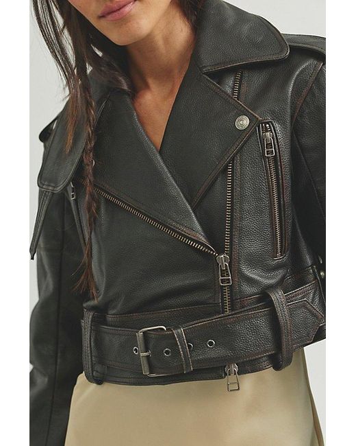 Free People Black Kiko Cropped Moto Leather Jacket