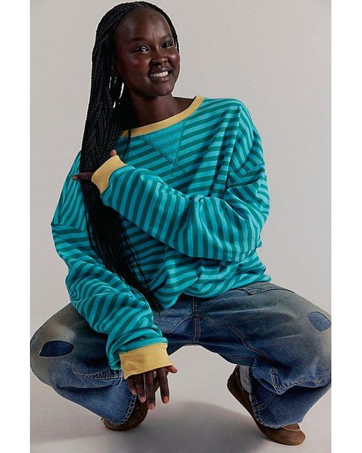 Free People Blue We The Free Classic Striped Oversized Crewneck