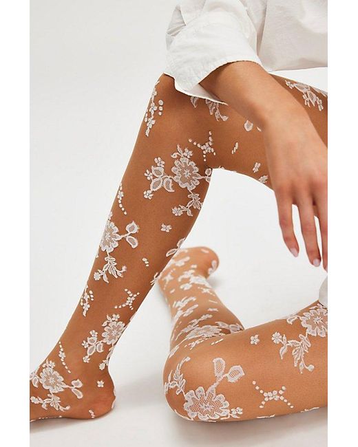 Free People Natural Flocked Floral Tights