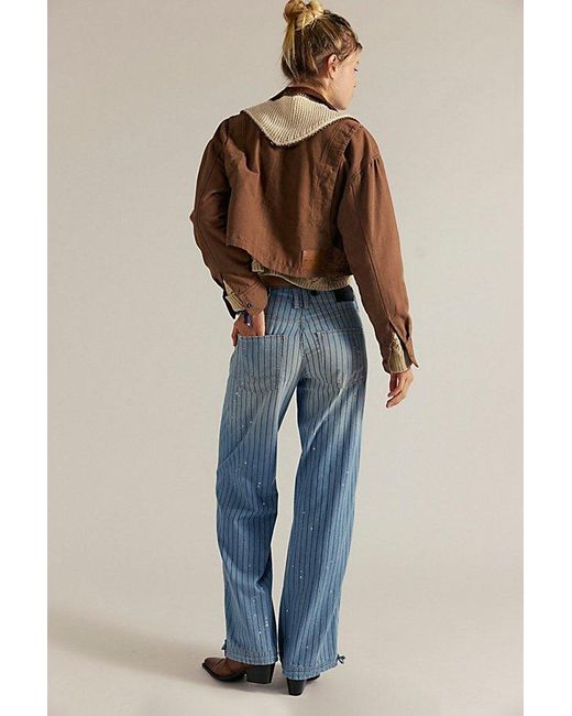 Free People Blue Don'T Wait Up Pinstripe Boyfriend Jeans