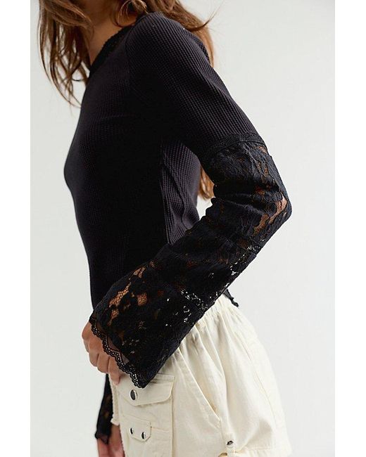 Free People Black Amber Lace Cuff Long Sleeve Top