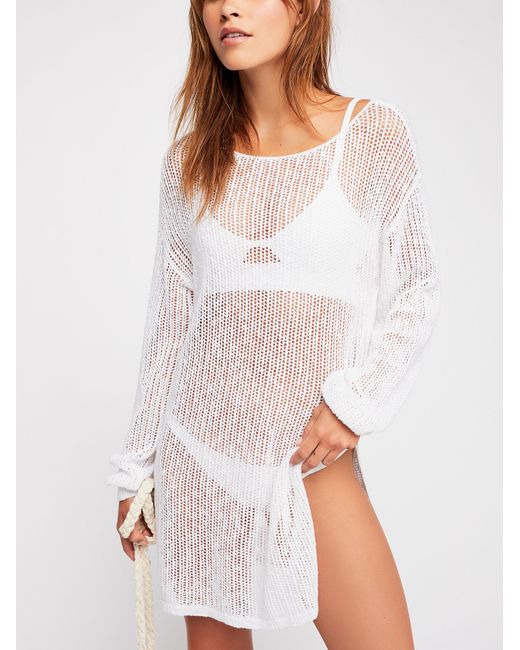 Free People Fishnet Sweater in White | Lyst