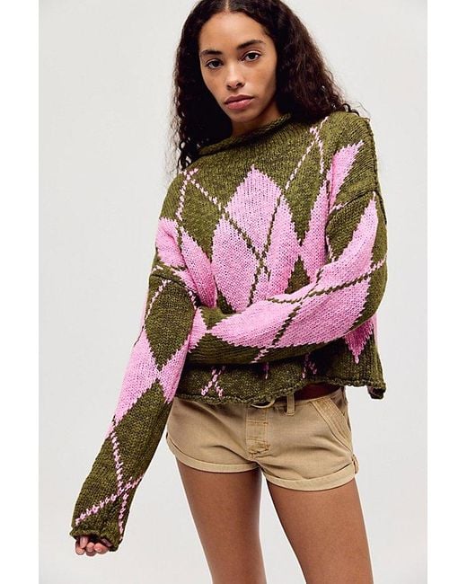 Free People Pink Opal Rollneck Knit Patterned Sweater