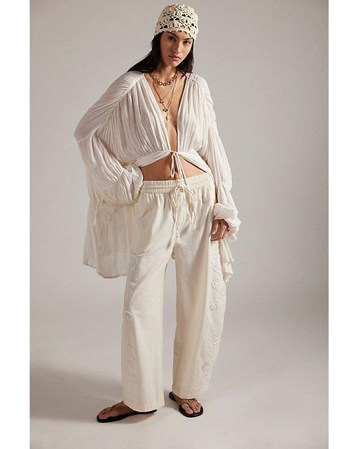 Free People Natural Lex Embroidered Pull-On Barrel Pants