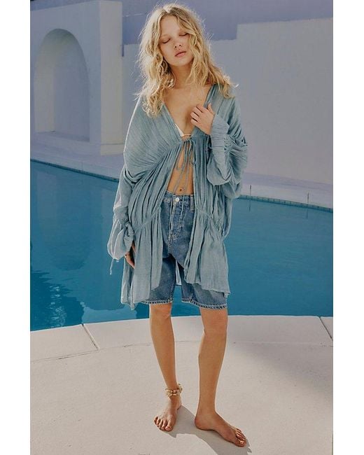 Free People Blue Juliet Sheer Tie-Front Duster Top