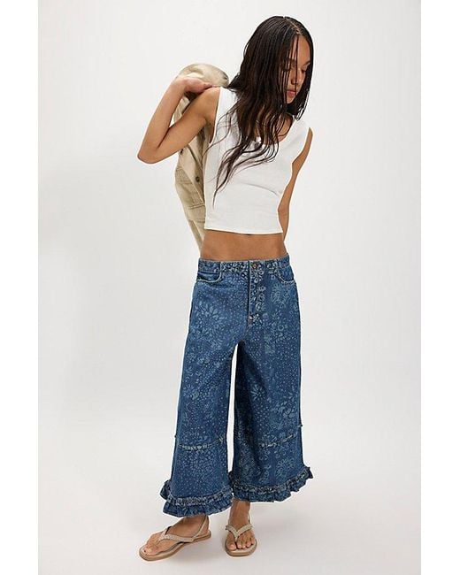 Free People Blue Love Me Not Printed Bloomer Jeans