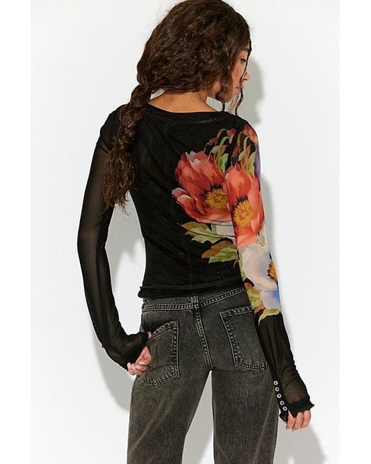 Free People Black Lilly Printed Long Sleeve Top