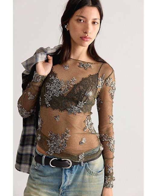 Intimately By Free People Green Talk To Me Embellished Long Sleeve Top By